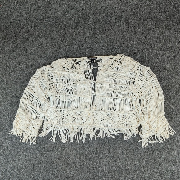 Chicos Black Label Boho Macrame Fringe Cardigan Women 2 Large White Cotton Modal — photo 2